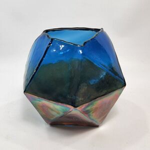 Vickerman Blue rainbow  6" Irregular Shape Glass Geometric Vase Blue Petrol‎